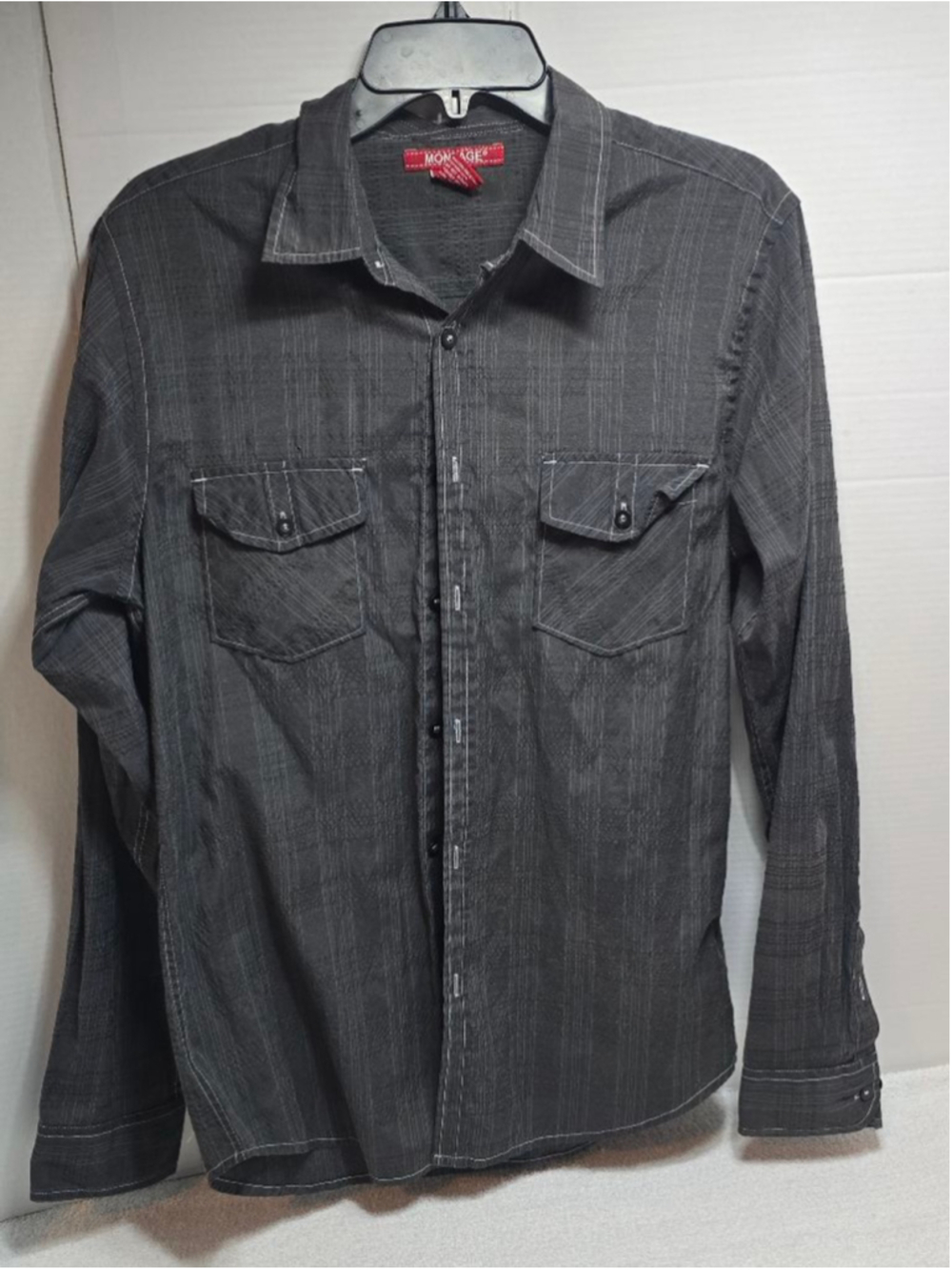 Men's MONTAGE Gray Plaid Casual Button Down Shirt M with White Stitching